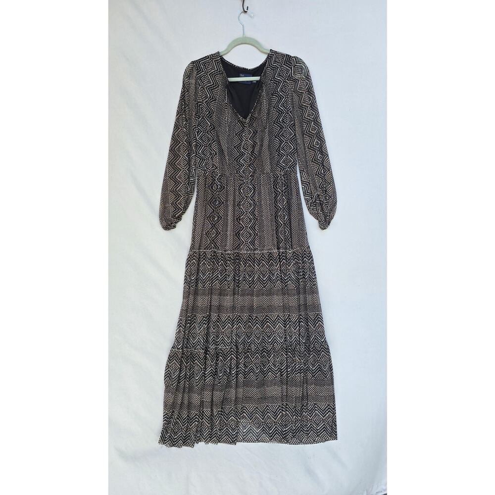 Just Taylor Dress Womens Large Brown Chevron V Neck Chiffon Fit Flare 3/4 Sleeve